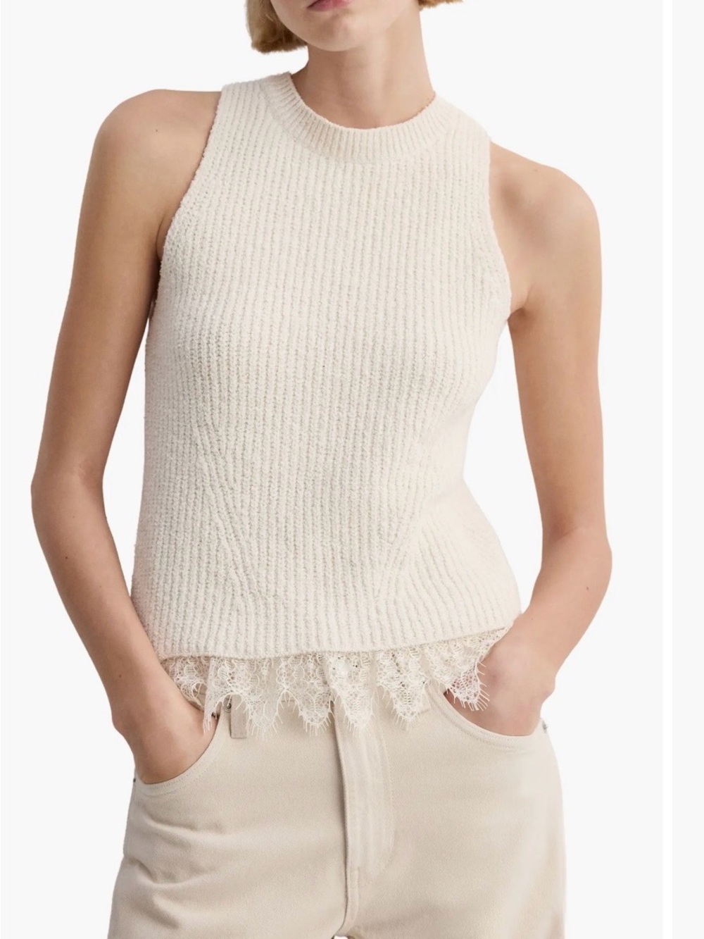 MNG Mango Sleeveless Cream Knit Lace-Trim Tank Top size XS